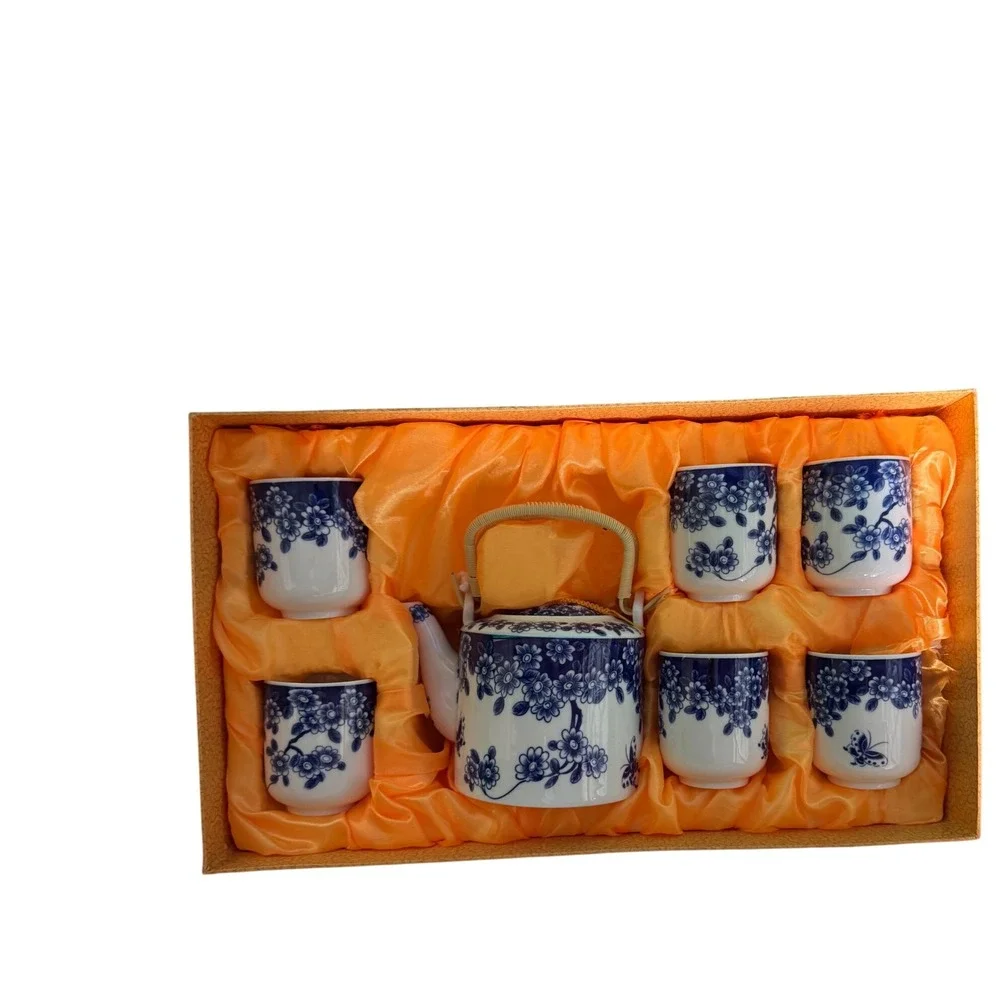 Blue White Porcelain Tea Set 7pc Floral Butterfly Teapot 6 Cups Gift Boxed Asian